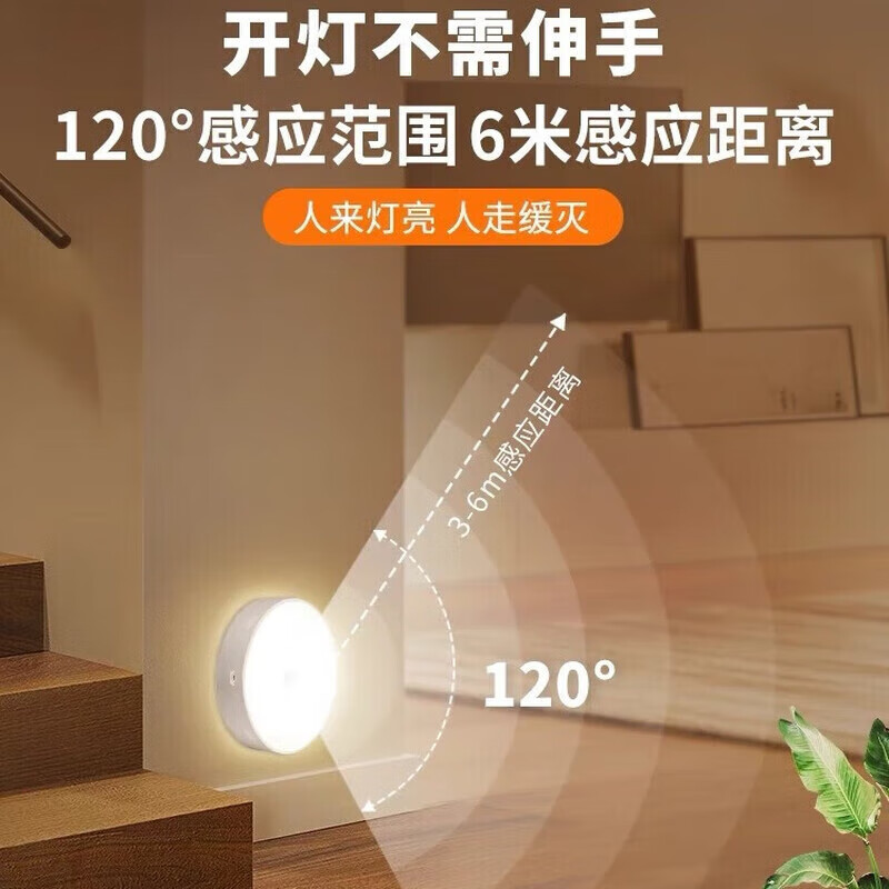 无线智能人体感应灯家用过道橱柜卧室USB充电LED床头小夜灯 2个装