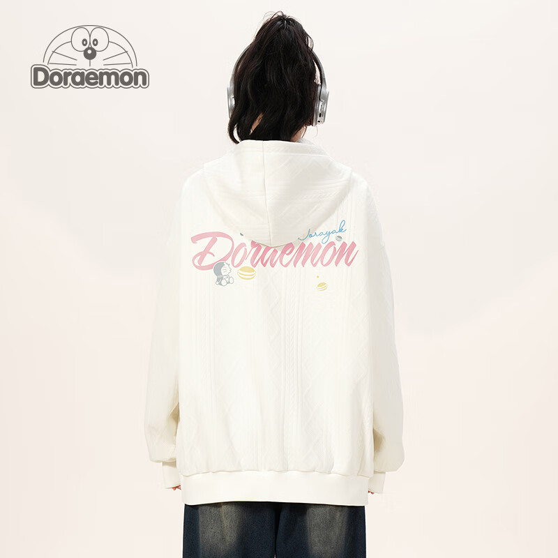 哆啦A梦(DORAEMON) 开衫纯色麻花纹机器猫花体英文Logo印花休闲宽松连帽卫衣 米白 XL