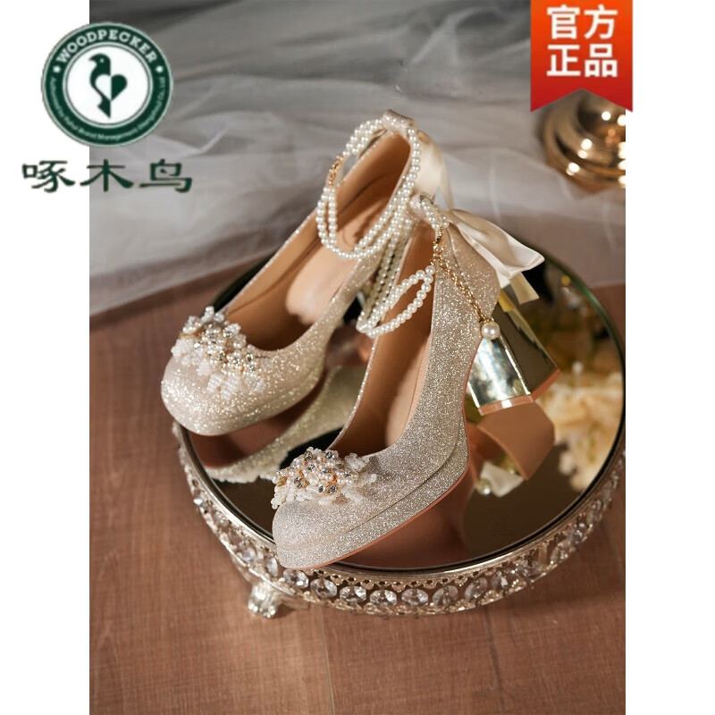 啄木鸟2026新款防水台法式复古粗跟玛丽珍单鞋新娘鞋婚鞋女不累脚高跟鞋 香槟色粗跟7厘米 36