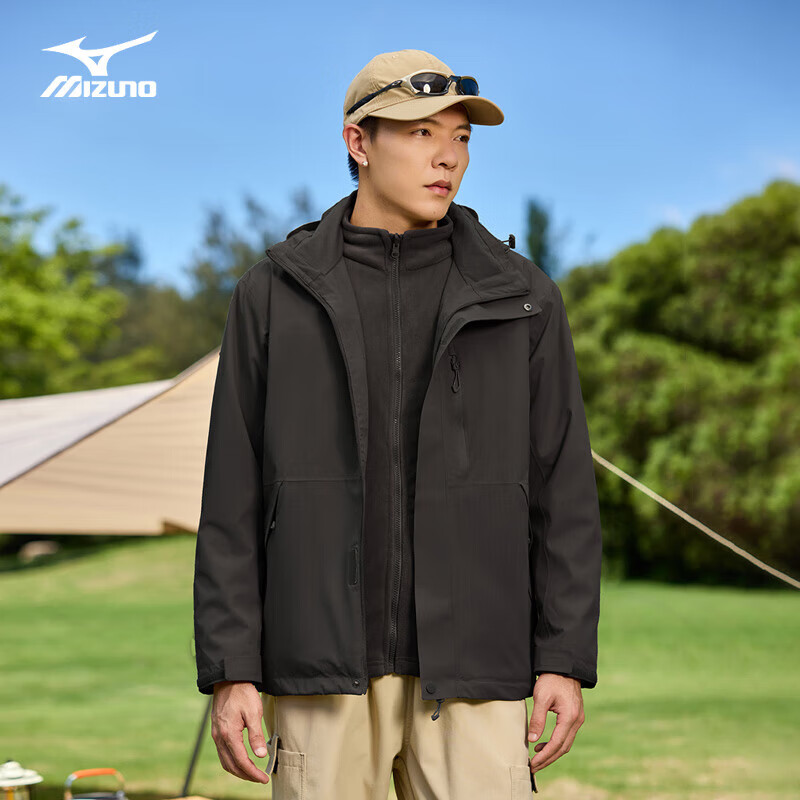 美津浓户外夹克男三合一锋衣外套透气防风可拆卸情侣款登山服 幻影黑 XL