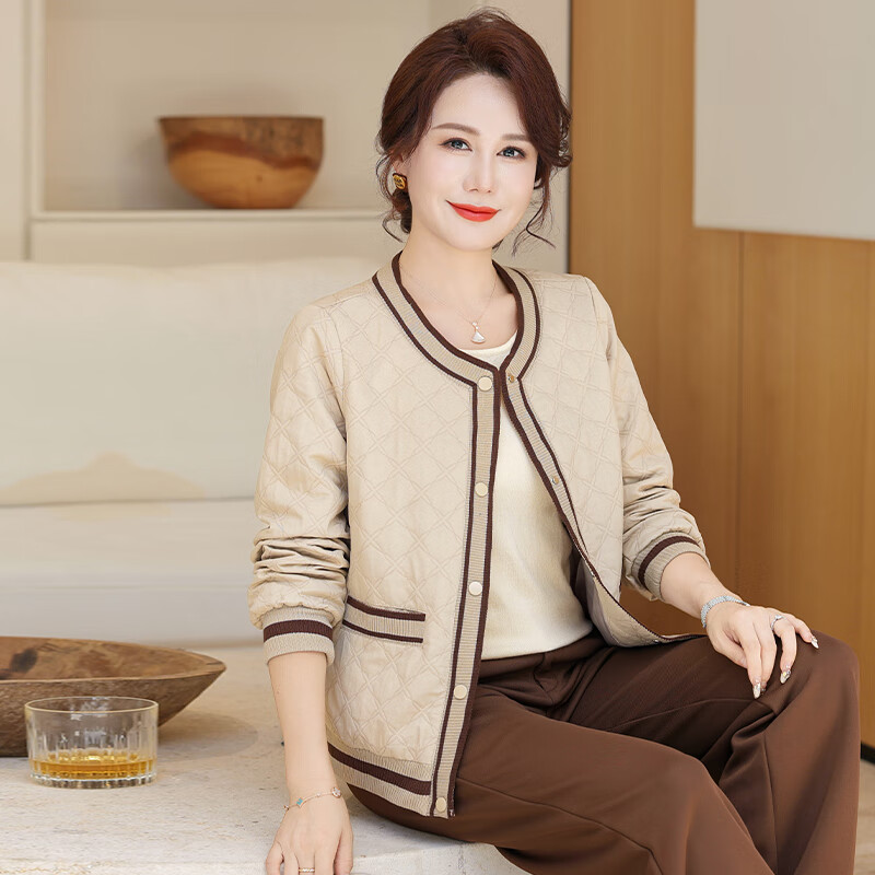 兰铂丽斯中年妈妈装短款休闲外套女春秋季新款气质婆婆长袖夹棉轻薄棉衣 米色 XL （建议85-105斤） 京东折扣/优惠券