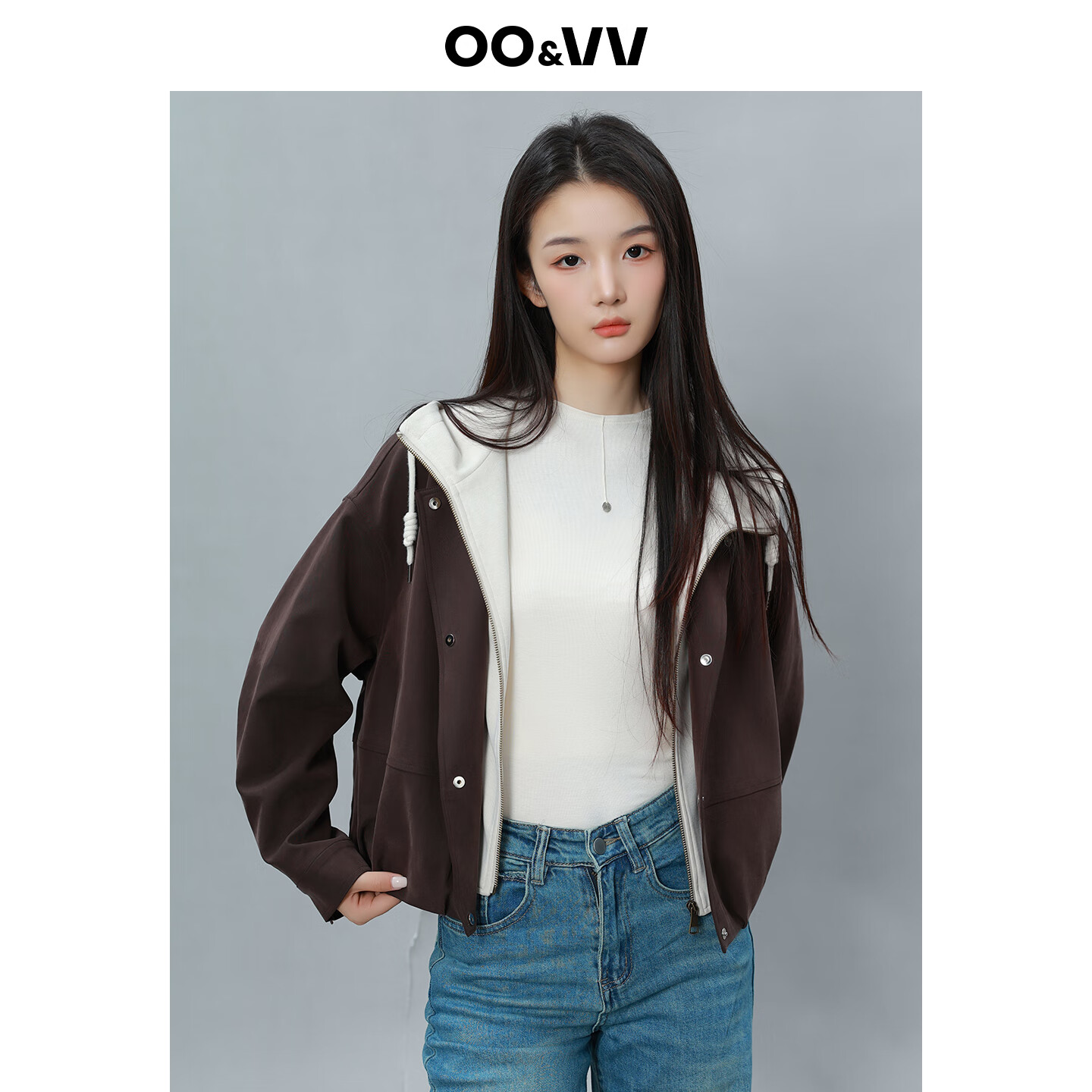 OO&VV2025年秋装新款撞色拼接连帽外套女设计时尚百搭显瘦上衣假期出游 摩卡棕 M
