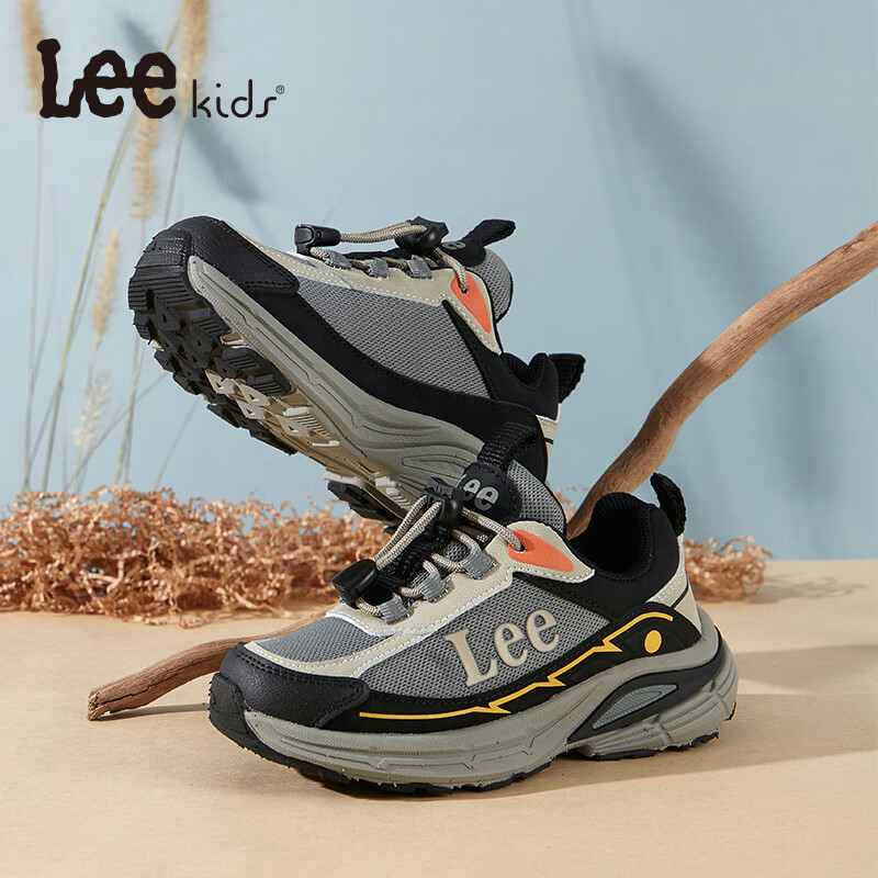 LEE KIDS童鞋秋季新款儿童透气跑步鞋女童防滑运动鞋男大童网面休闲老爹鞋 黑米 26 【建议脚长157-163mm】