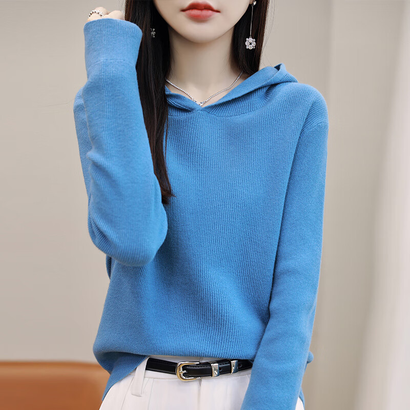 牧兰奴卡秋装新款纯羊毛女连帽毛衣套头长袖休闲针织羊毛衫 雾蓝色 s