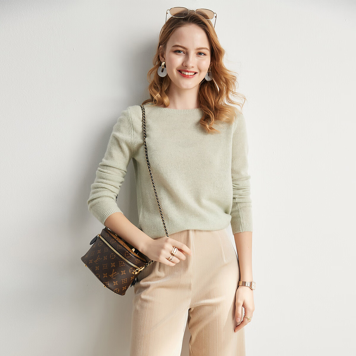 帕罗（PALUOPO）100%纯羊绒秋冬2025新款圆领纯色套头针织打底衫毛衣ET20008R 香绿夹花 L 165/105