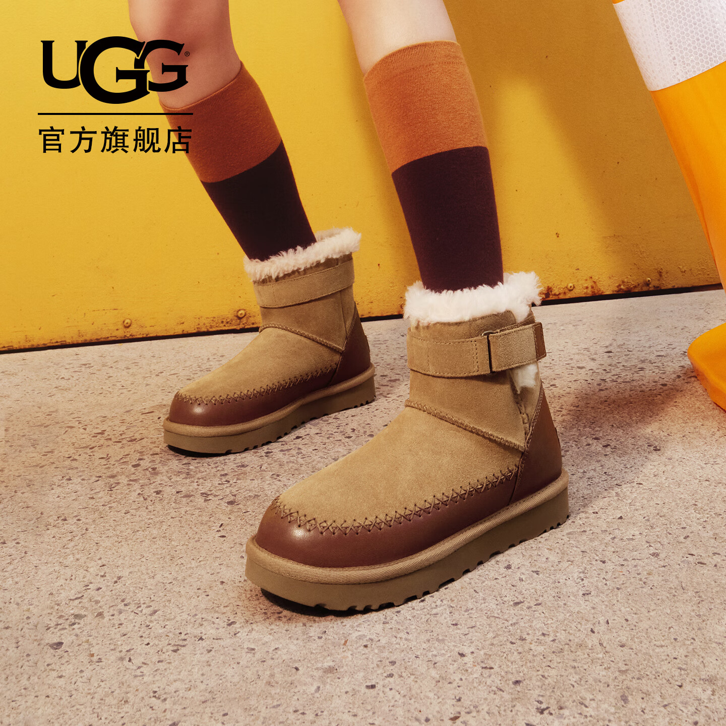 UGG秋季新款女士时尚拼接束带短筒雪地靴1174575CHE|栗色38