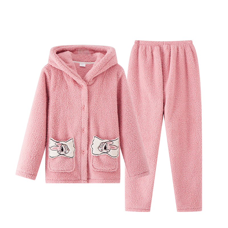 都市麗人內(nèi)衣女睡衣套裝秋冬珊瑚絨米粒絨連帽開衫厚保暖絨類家居服2H2108