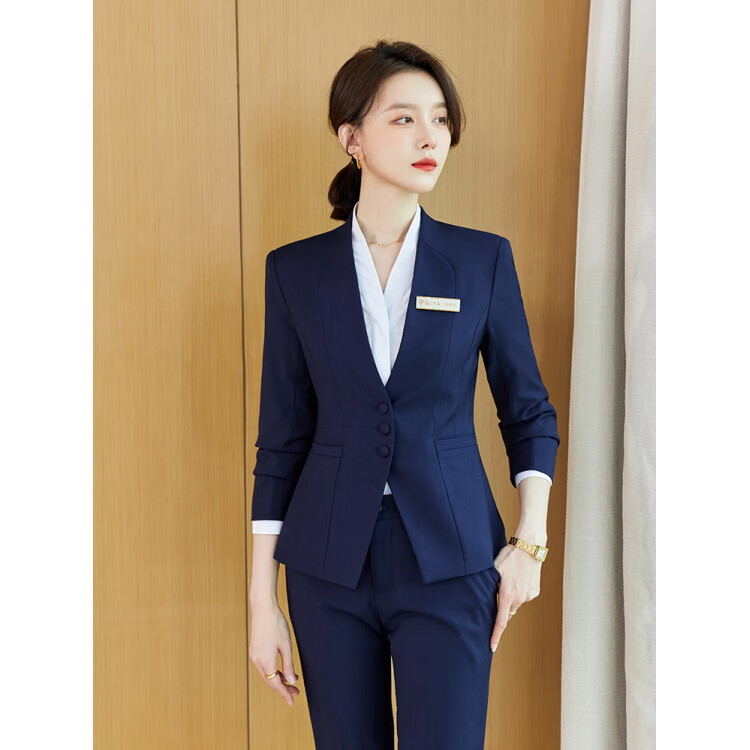 山头林村珠宝酒店前台接待经理工作服马甲女士西装套装职业正装气质春秋季 藏青色西装+裤子+裙子+白色衬衫 6XL