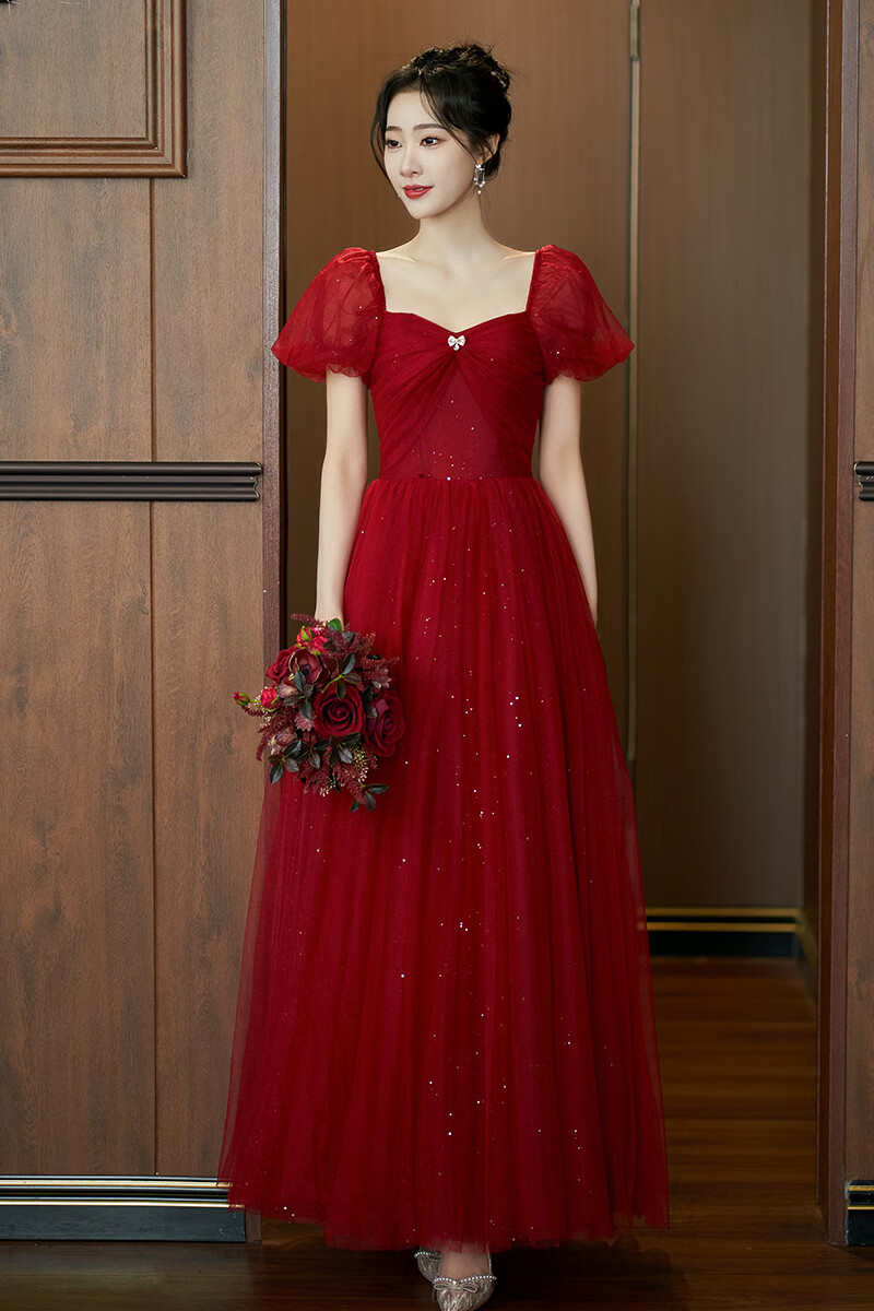 坠倾敬酒服新娘红色新款结婚礼服裙短袖订婚连衣裙晚礼服高级感长裙夏