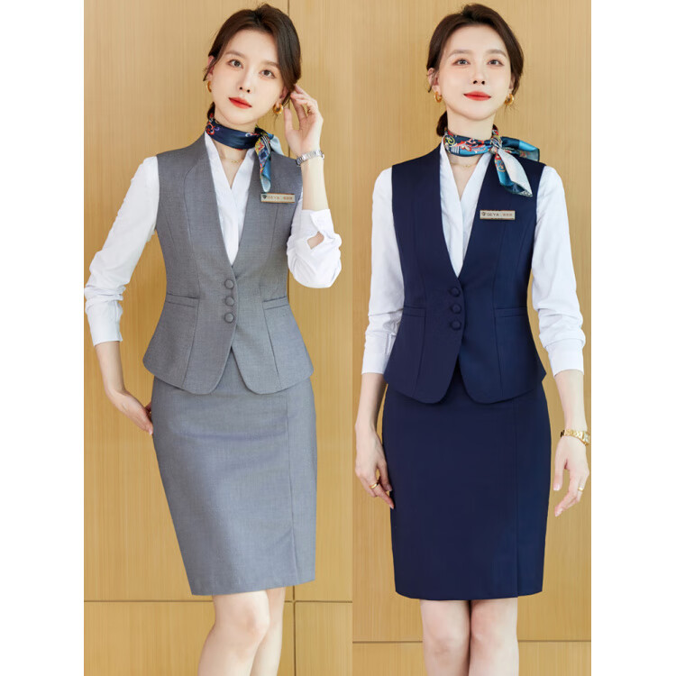 山头林村珠宝酒店前台接待经理工作服马甲女士西装套装职业正装气质春秋季 藏青色西装+裤子+裙子+白色衬衫 6XL