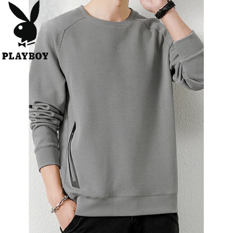花花公子（PLAYBOY）重磅美式秋季圆领卫衣男士宽松潮流休闲青年打底衫上衣男装 YKT7841浅灰 2XL