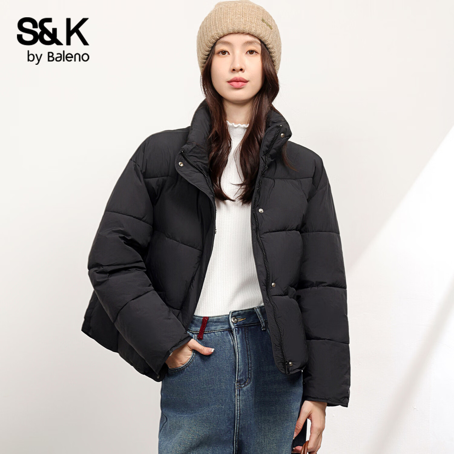 班尼路S&K系列棉服女装冬季新款面包服保暖加绒加厚上衣服棉袄短款立领4 黑#纯色 【舒适保暖】 L
