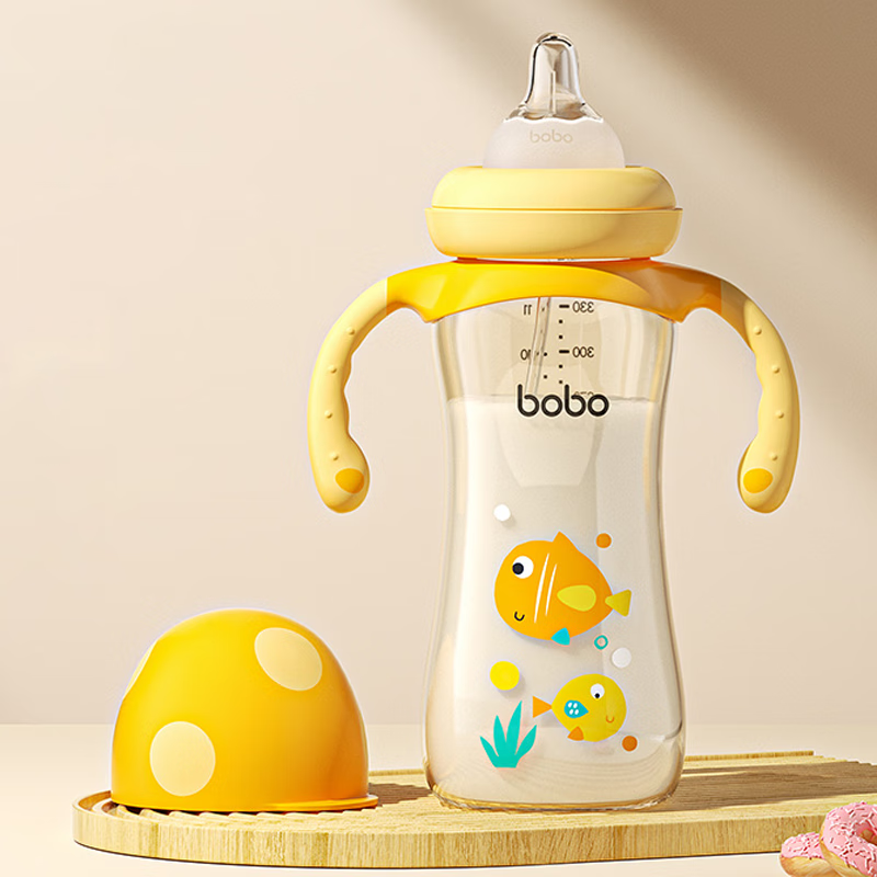 bobo宽口奶瓶新生儿吸管奶瓶婴儿6个月以上ppsu大宝宝奶瓶 黄色 330ml带LL号+鸭嘴【9-12月】