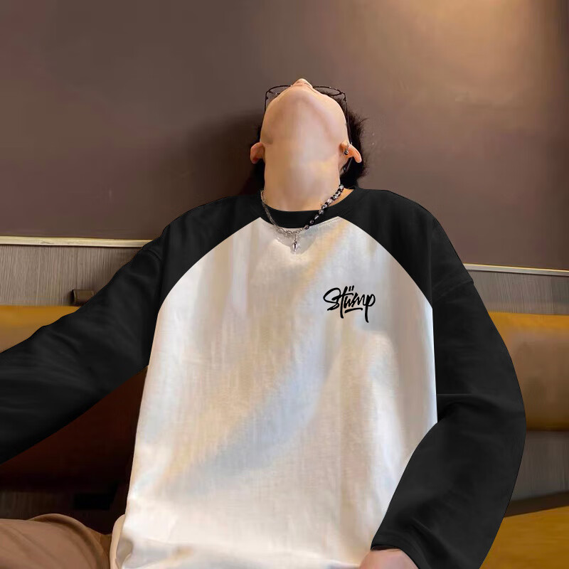 森马（Semir）纯棉撞色长袖t恤男款春秋季美式高街潮流青少年百搭宽松上衣服潮 【3637-Stwmp】黑色拼白色 L 110-130斤