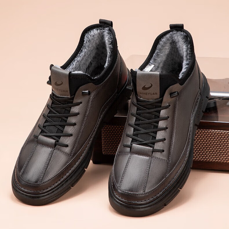泰和源老北京布鞋男棉鞋冬季加绒保暖防滑防水休闲鞋户外软底保暖爸爸鞋 灰色 7835 44