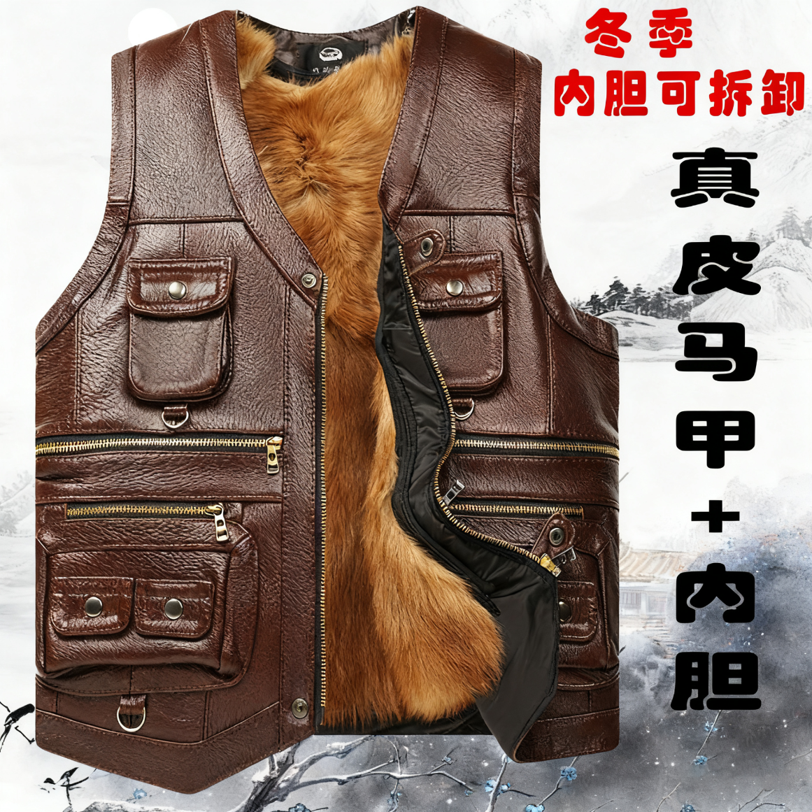 赛卓菲（SAIZHUOFEI）头层牛皮马甲男士真皮皮毛一体中老年马夹冬季棉背心爸爸坎肩外套 黄色牛皮+黄色皮毛内胆可拆卸多兜款 厚款 【狗毛内胆】 2XL 100-120斤