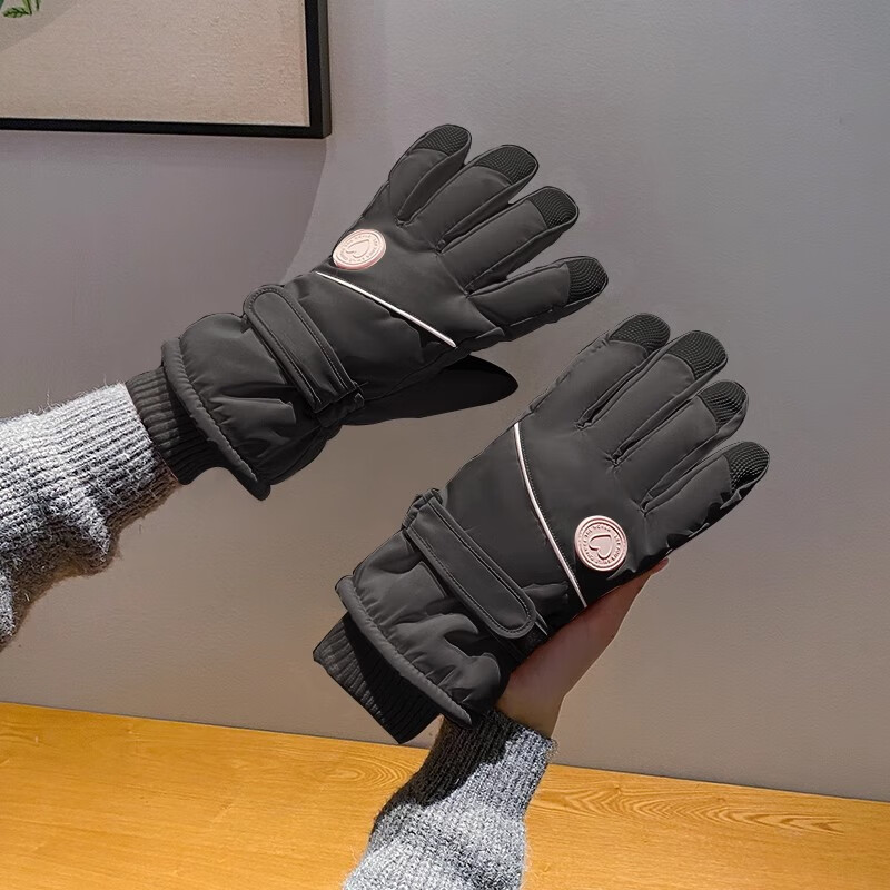 黛米安妮莎骑行手套冬季女士保暖加厚加绒可触屏防泼水电动车防寒滑雪手套女 黑色【内里加绒/可触屏】 均码【防风触屏】