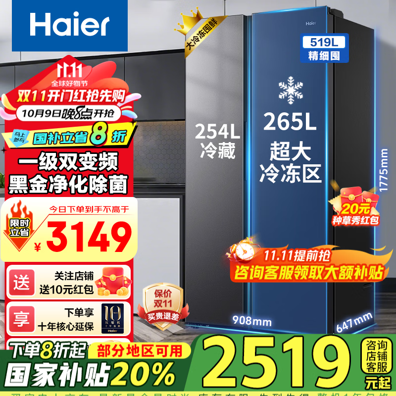 海尔（Haier）【新品】冰箱519升双开门家用囤货大容量大冷冻对开门超薄一级双变频风冷无霜净味嵌入式电冰箱 【新品】519升+265L大冷冻+黑金净化
