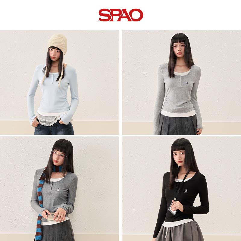 SPAO简约休闲开扣打底衫男女2025秋季舒适亲肤简约上衣SPCX25AD10XY 深麻灰#SP象牙熊-贴布绣 L