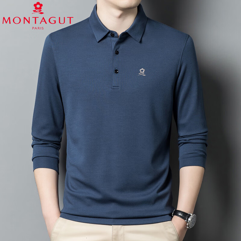 梦特娇（MONTAGUT）高端男士羊绒长袖t恤秋冬新款中年商务翻领打底POLO衫毛衣 22811墨兰 M 170码