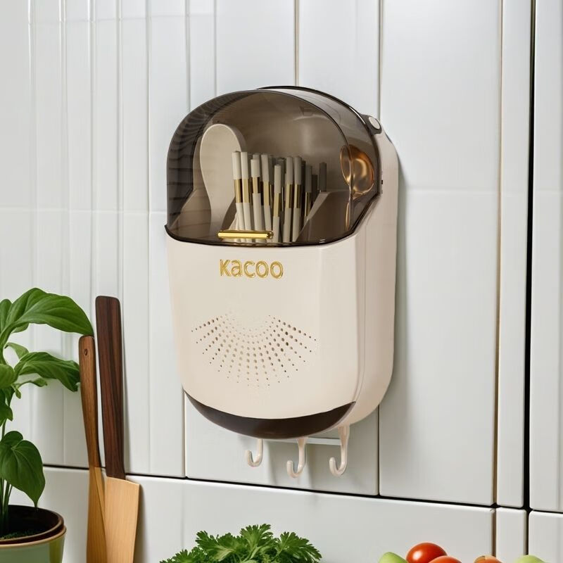 简漾高档新款筷子收纳盒壁挂式家用筷子筒厨房快子勺子置物架筷篓筷笼 免打孔+防尘防潮 奶油白