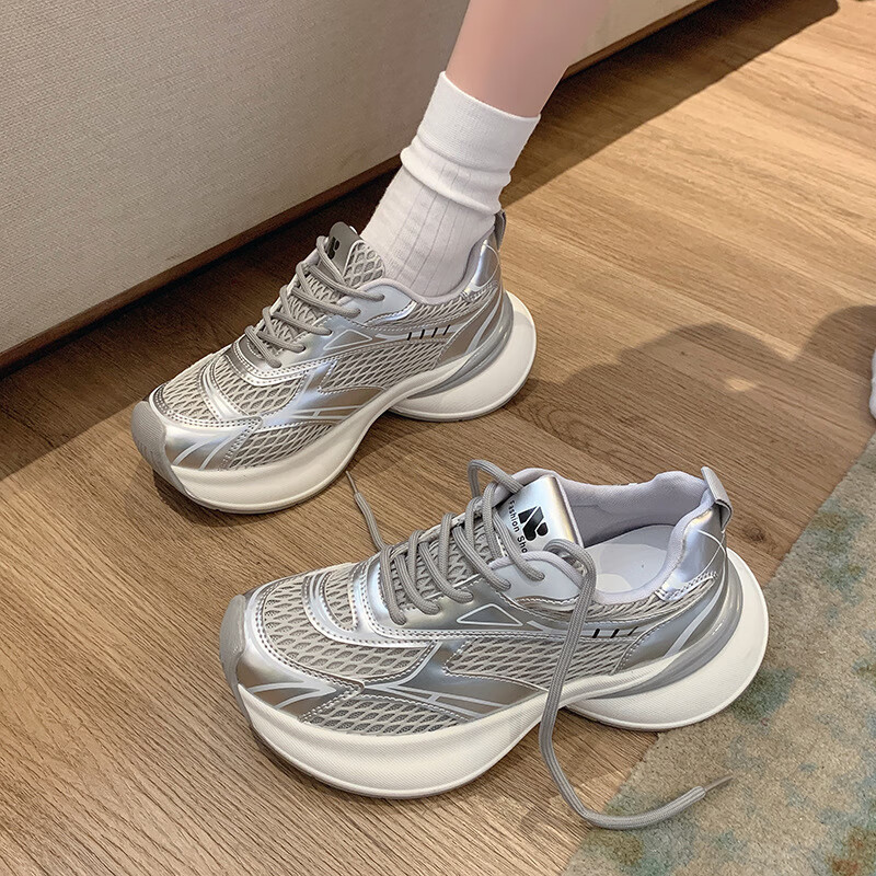 品牌断码巴黎老爹鞋女春秋季2025新款厚底增高网面透气运动休闲鞋 卡其色 40