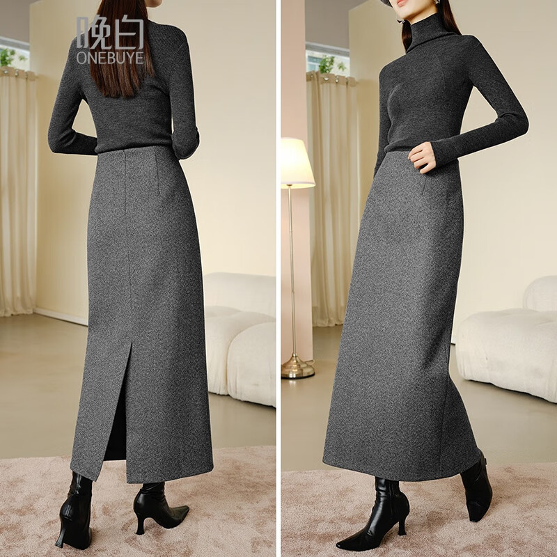 晚白【断码清仓】冬款老钱静奢风气质半裙休闲百搭包臀毛呢半身裙 花灰色 M 尺寸偏大、建议拍小一码（109-115斤）