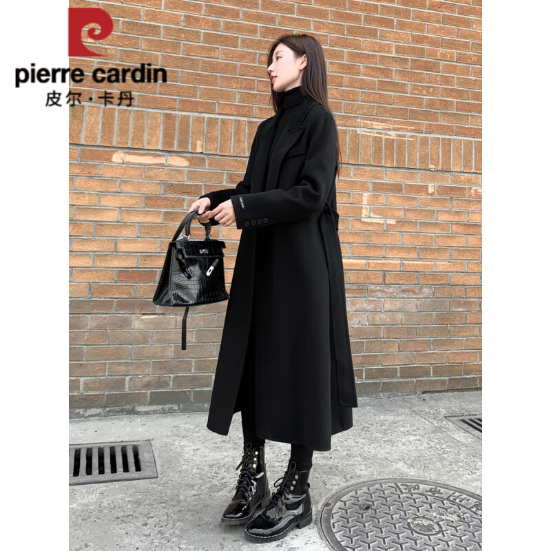 皮尔卡丹(pierre cardin)黑色双面羊毛绒呢子大衣女士秋冬季感正肩赫本风毛呢外套中长款 黑色 S 建议108斤以内