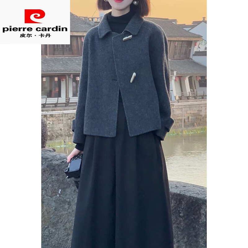 皮尔卡丹(pierre cardin)高端双面羊毛呢大衣女2025春秋新宽松显瘦小个子时尚减龄呢子外套 深灰色 S