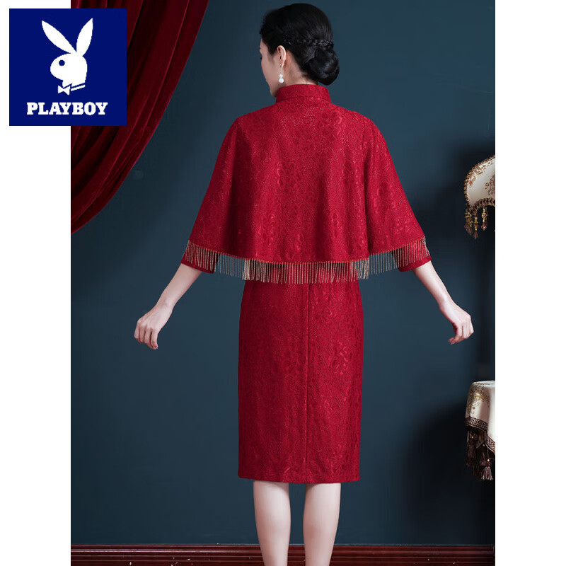 花花公子（PLAYBOY）高端旗袍妈妈装婚宴春秋新款喜婆婆婚礼服洋气披肩两件套连衣裙女 酒红色 L 5X(145斤-165斤)