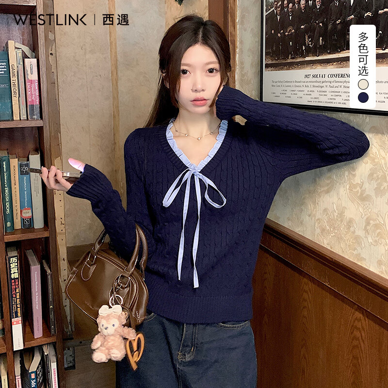 西遇（Westlink）v领长袖针织衫女2025年秋季新款学院风系带蝴蝶结套头毛衣 宝蓝色 M (160)