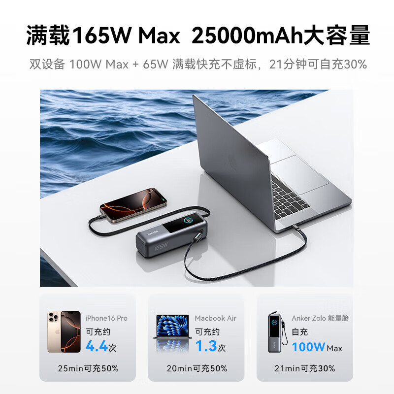 ANKER安克能量舱【新3C认证可上飞机】移动电源25000毫安自带双线伸缩线165W大功率充电宝快充苹果17 【充电宝锖色】25000mAh|自带双线|智能屏显
