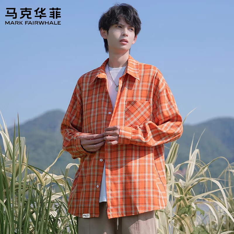 马克华菲(MARK FAIRWHALE)美式复古休闲长袖衬衫男士2026秋季新款宽松百搭潮牌运动高端上衣 橘色 【秋季新品】 L 【建议110-130斤】