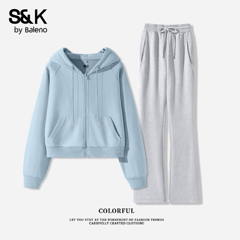 班尼路S&amp;K系列运动套装外套女连帽开衫上衣搭配休闲微喇修身卫裤两件套 雾霾蓝#纯色+麻灰#纯色 M