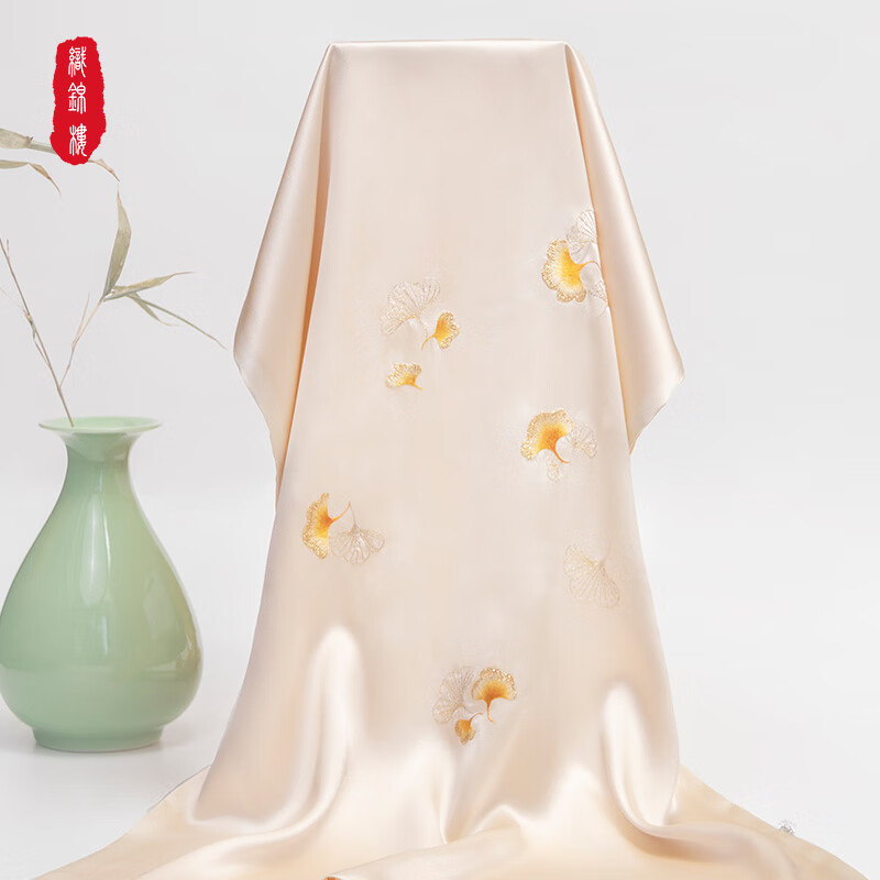 織錦樓蘇繡盤(pán)扣大披肩手工刺繡民族風(fēng)圍巾女 瓊枝玉葉-淺黃