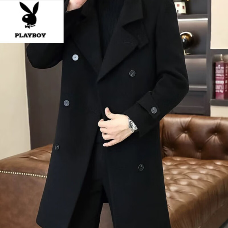 花花公子(PLAYBOY)毛呢大衣男士秋冬季韩版修身中长款呢子风衣感时尚双排扣外套 黑色 4XL 180-200