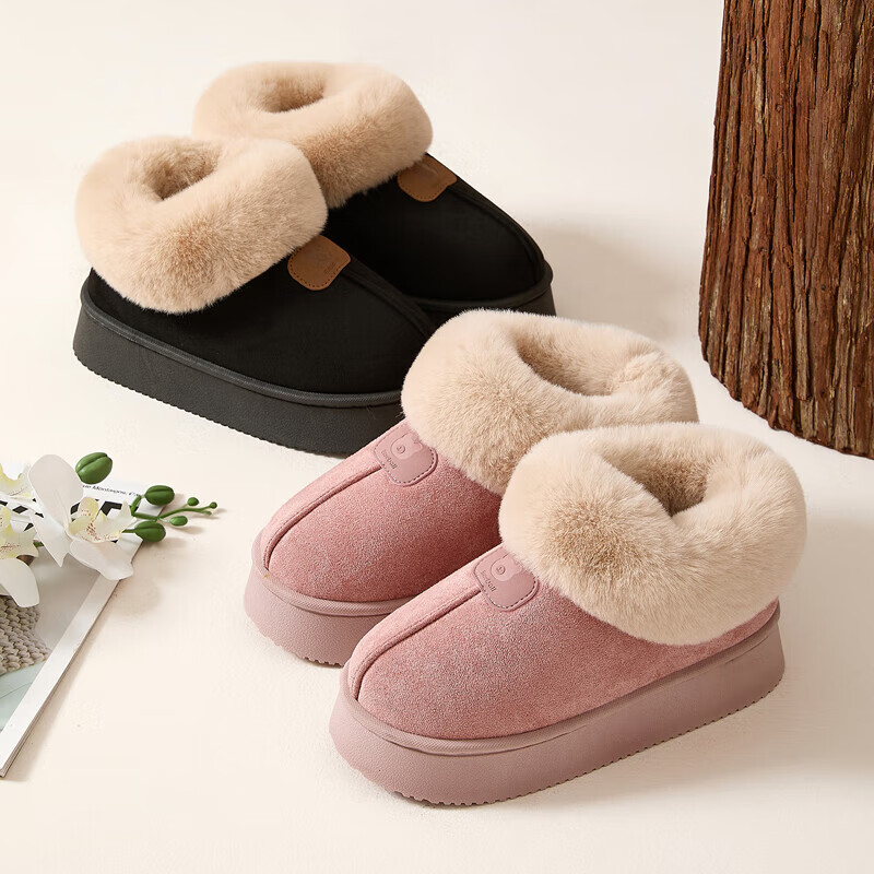 FZT棉拖鞋女款秋冬季毛毛绒保暖加厚底高帮防滑外穿雪地靴子棉鞋女款 黑色 40-41 【标准码】