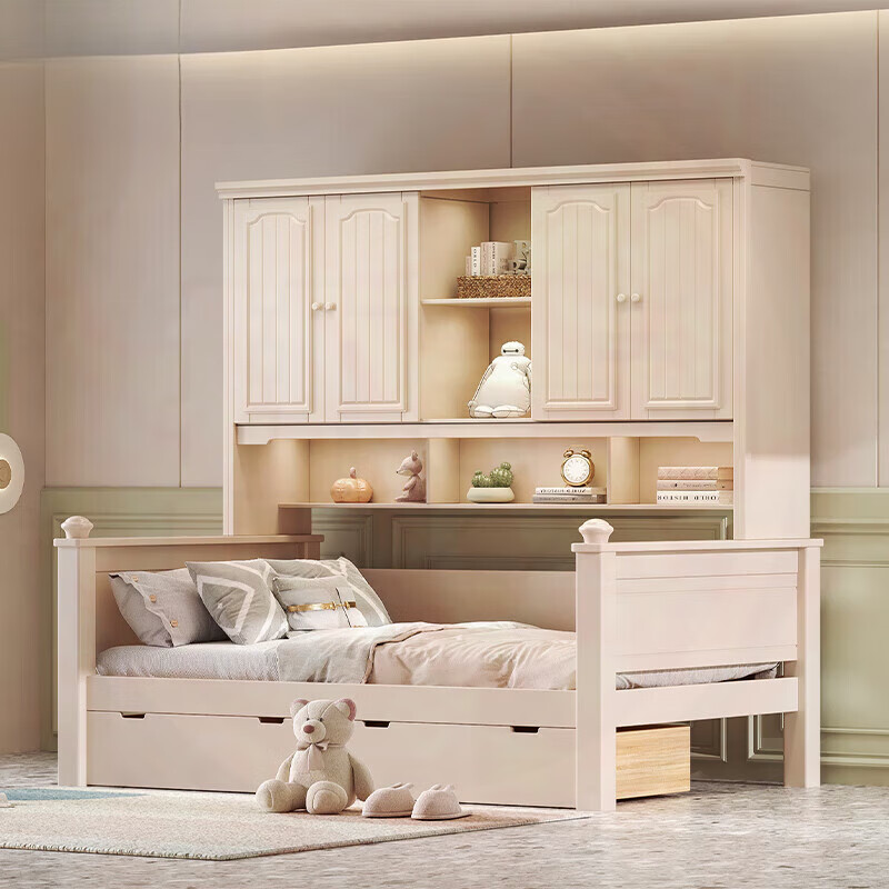松堡王國衣柜床全實(shí)木一體輕奢兒童床男孩女孩公主床功能床組合美式儲物床 輕奢白衣柜床+書架+雙抽+床墊 1350mm*2000mm