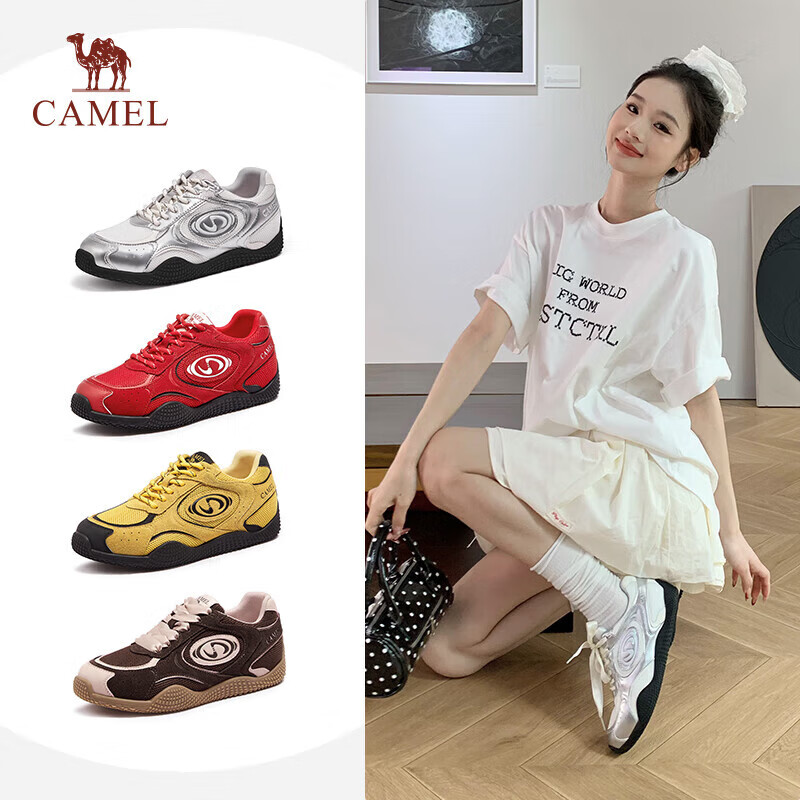 骆驼（CAMEL）月牙德训鞋女运动百搭板鞋网面休闲鞋 L25S577059A 白/银/黑 35