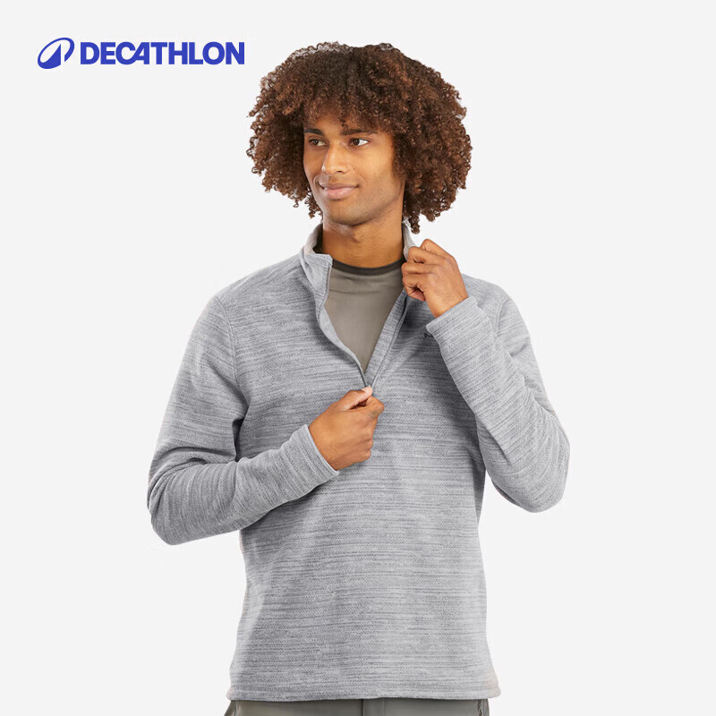 迪卡侬（DECATHLON）保暖户外抓绒衣外套男女运动宽松秋摇粒绒外套冲锋衣内胆 男款-半拉链-浅灰色 L