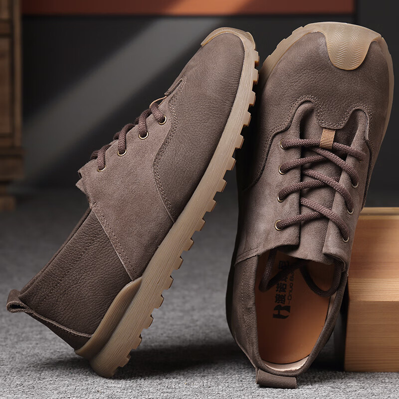 渡诺班尼头层夏季透气单层磨砂皮复古牛筋软底羊皮男士休闲鞋 深灰色_932-10深灰 40