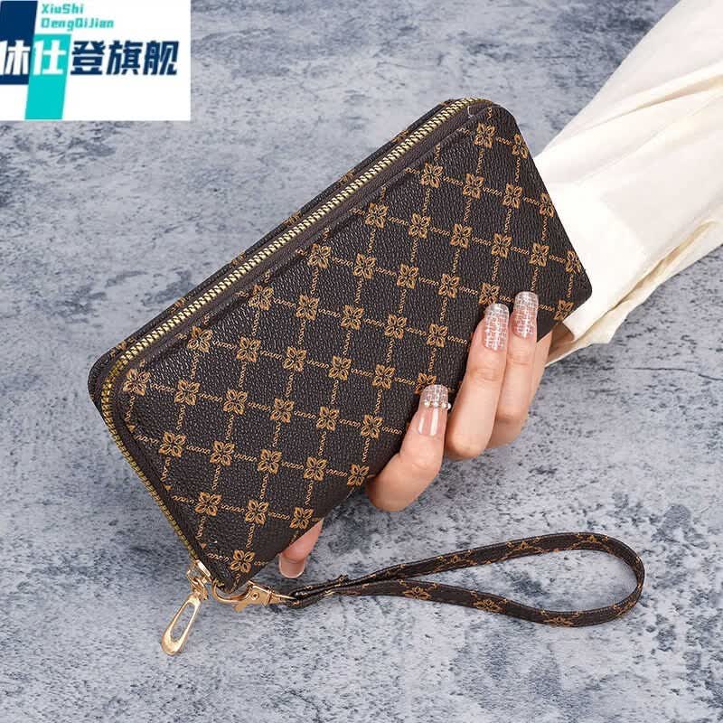 休仕登 XSDN2025新款时尚印花钱包女款大容量随身带拉链长款钱包手拿包手机包 咖色