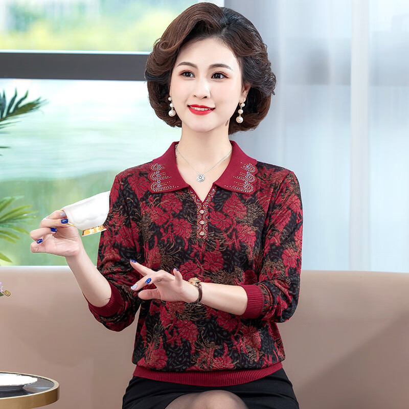 中奶奶秋季打底衫薄秋天穿的五十岁秋装翻领毛衣洋气女带领秋衣外穿