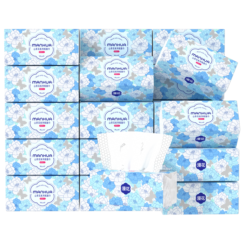 漫花山茶花400张大包抽纸纸巾大尺寸餐巾纸面巾纸家用卫生纸抽纸 山茶花抽纸 5层 400张*3包