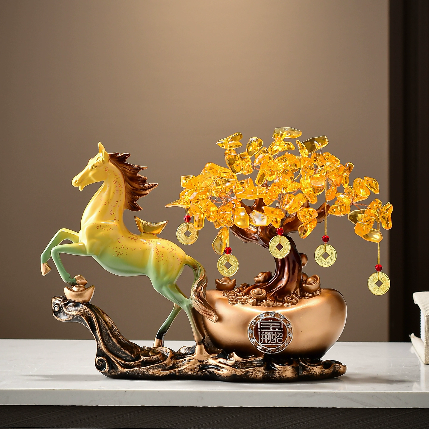 赟娅新中式马上有钱桌面摆件客厅电视柜办公室酒柜装饰乔迁开业礼物品 马上有钱发财树【手提礼盒】青绿