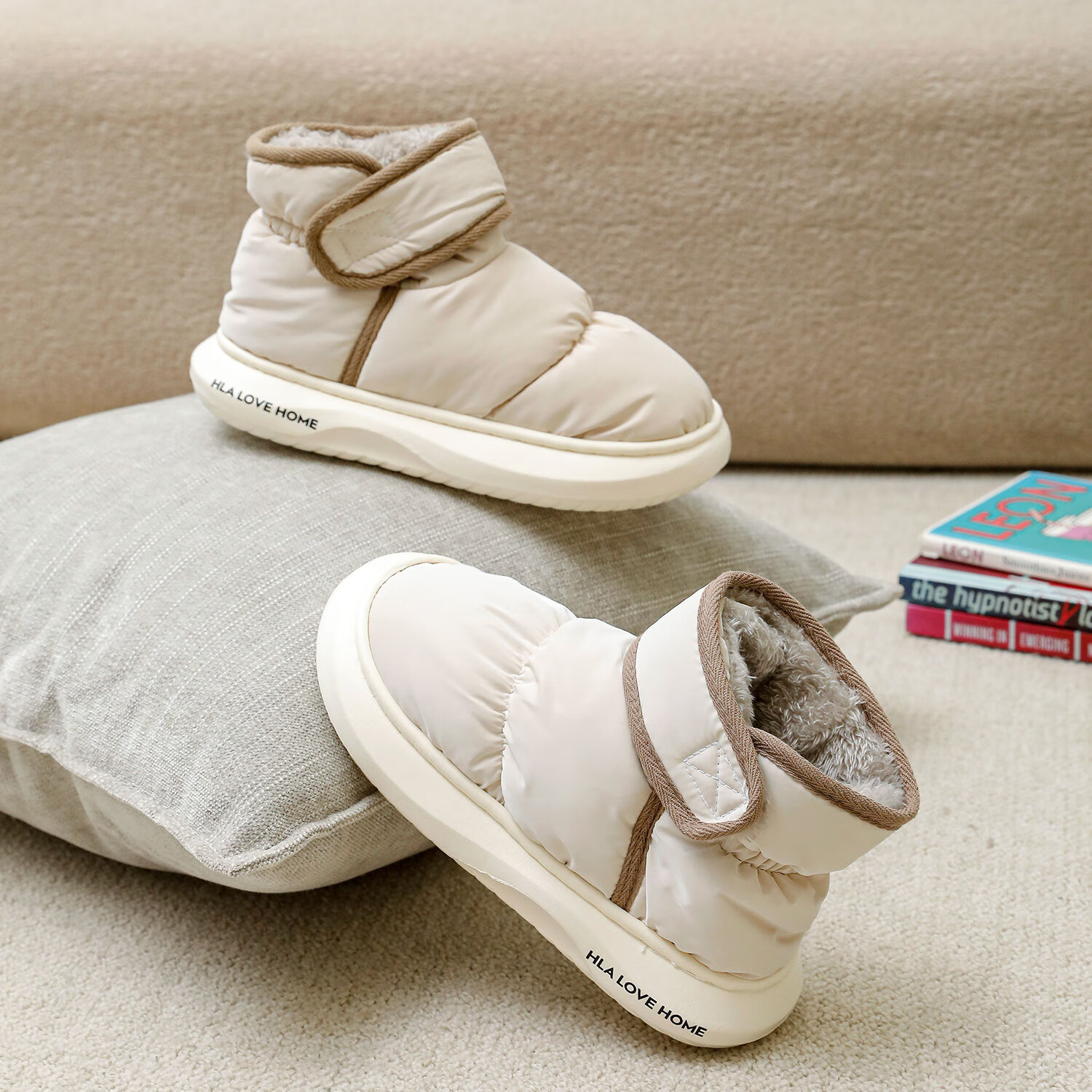 海澜之家（HLA）高帮棉鞋男士冬季居家居防滑厚底保暖情侣魔术贴毛绒包根棉拖鞋女 灰色 44-45 【适合43-44码】