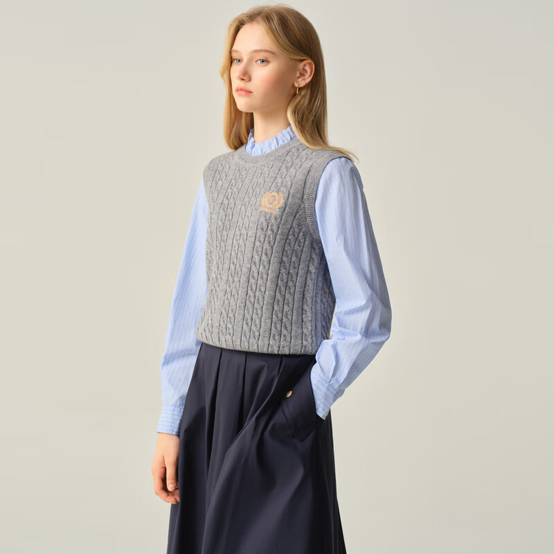 ELAND衣恋毛衣女时尚假两件长袖套头针织衫2025秋季新款 灰色(15)Grey L /170