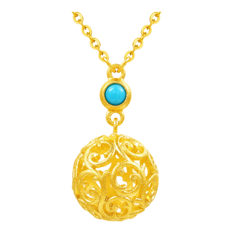 千葉珠寶古法黃金項鏈足金鎖骨套鏈扶搖綠松石頸飾計價(jià)送女友生日禮物 足金綠松石鏈牌/支持金重多退少補42+3cm 金重約5.42g