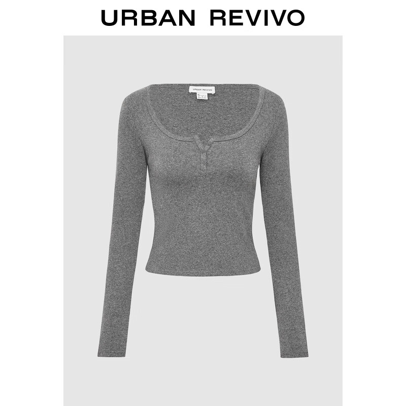 UR2025冬季新款女装简约松弛感亨利领短款修身T恤UYB450013