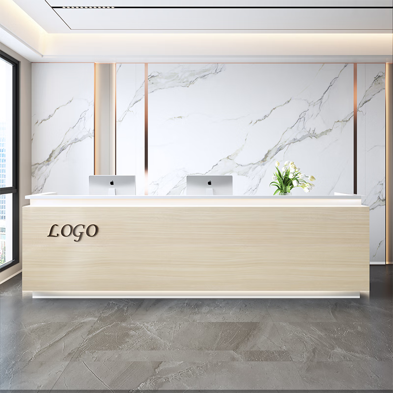 音雅（YINYA）辦公前臺接待桌烤漆咨詢柜臺簡約現(xiàn)代美容店鋪小型收銀臺 淺楓木色+白色柜體 240x60x100cm